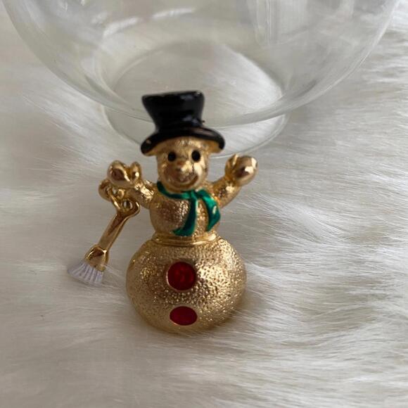 Gold Tone Snowman Christmas Pin with Black Hat and Green Scarf - Picture 2 of 3